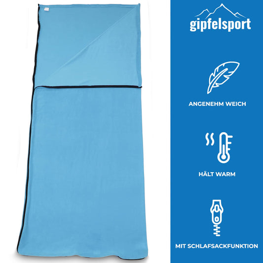 Summit sports microfiber fleece blanket with sleeping bag function I Size 185 x 150cm, 690g I Microfiber camping blanket sleeping bag I blue
