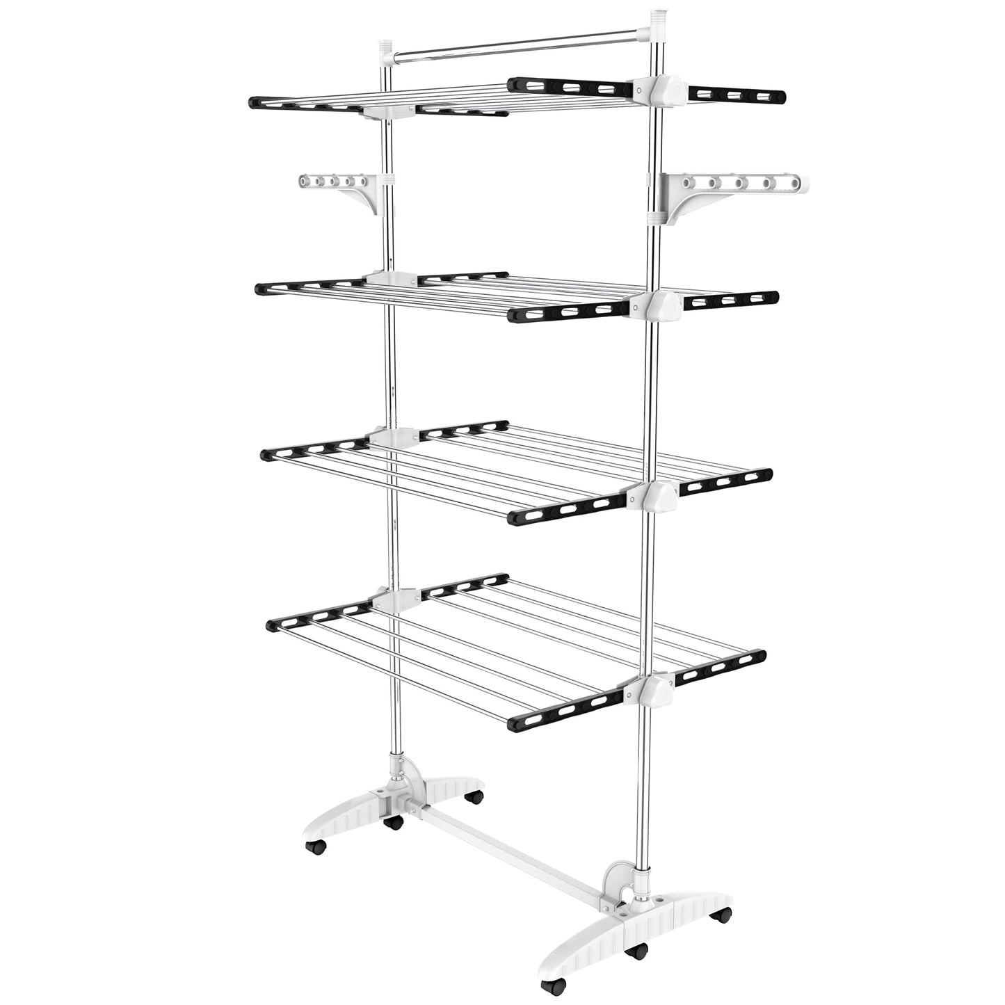 Todeco Foldable Laundry Rack Tower, 4-tier stainless steel tower dryer with 6x rollers, wings, top bar. Mobile tower laundry stand for balcony living room bathroom, Black.