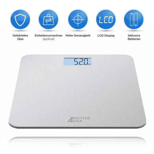 ACTIVE ERA Ultra-Slim Digital Body Weight Scale with precise accuracy and Step-On Technology - Scale made of safety glass and with large LCD display - Steel