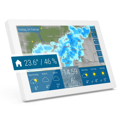 WeatherOnline Home 3, WeatherDisplay with WeatherRadar: new generation of WLAN weather station, indoor sensor to monitor room climate, pollen forecast for allergy sufferers, UV index, severe weather warning.