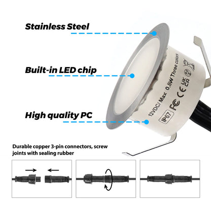 10-pack LED recessed lights dimmable, warm white 3000K, white 4000K with remote control Ø32mm LED built-in spotlight ground recessed lights outside, IP67 waterproof 0.8W indoor outdoor patio kitchen garden 12V