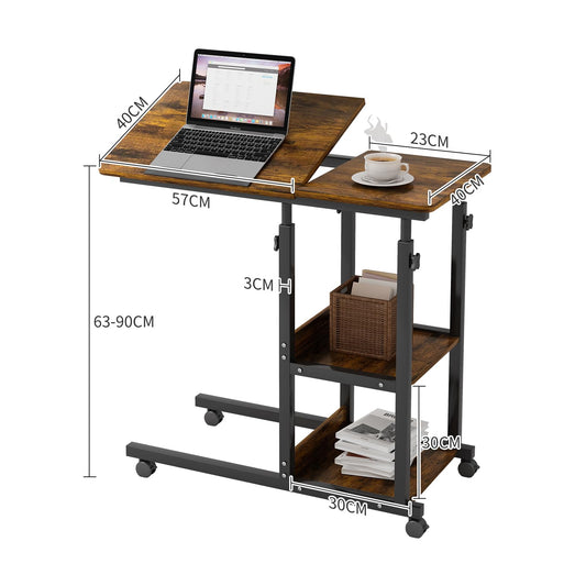 PIPIPOXER side table computer desk with socket and casters, height adjustable wooden desk with 80x40cm tabletop and 4 swivel 360° wheels for computer, laptop, bedroom.