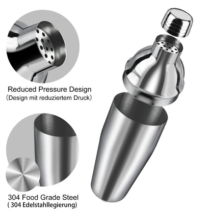 Cocktail Shaker Set | 304 Stainless Steel Cocktail Mixing Set | 750ml Cocktail Mixer 8 Piece Bartender Gift Set with Cocktail Accessories - Measuring Cup and Bar Spoon Ideal for Home & Bar