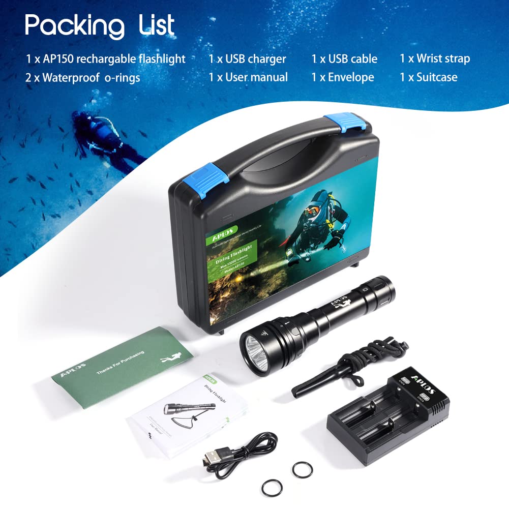 APLOS AP150 15000 lumen diving flashlight, underwater 150m, 4 modes, dive flashlight LED with battery.