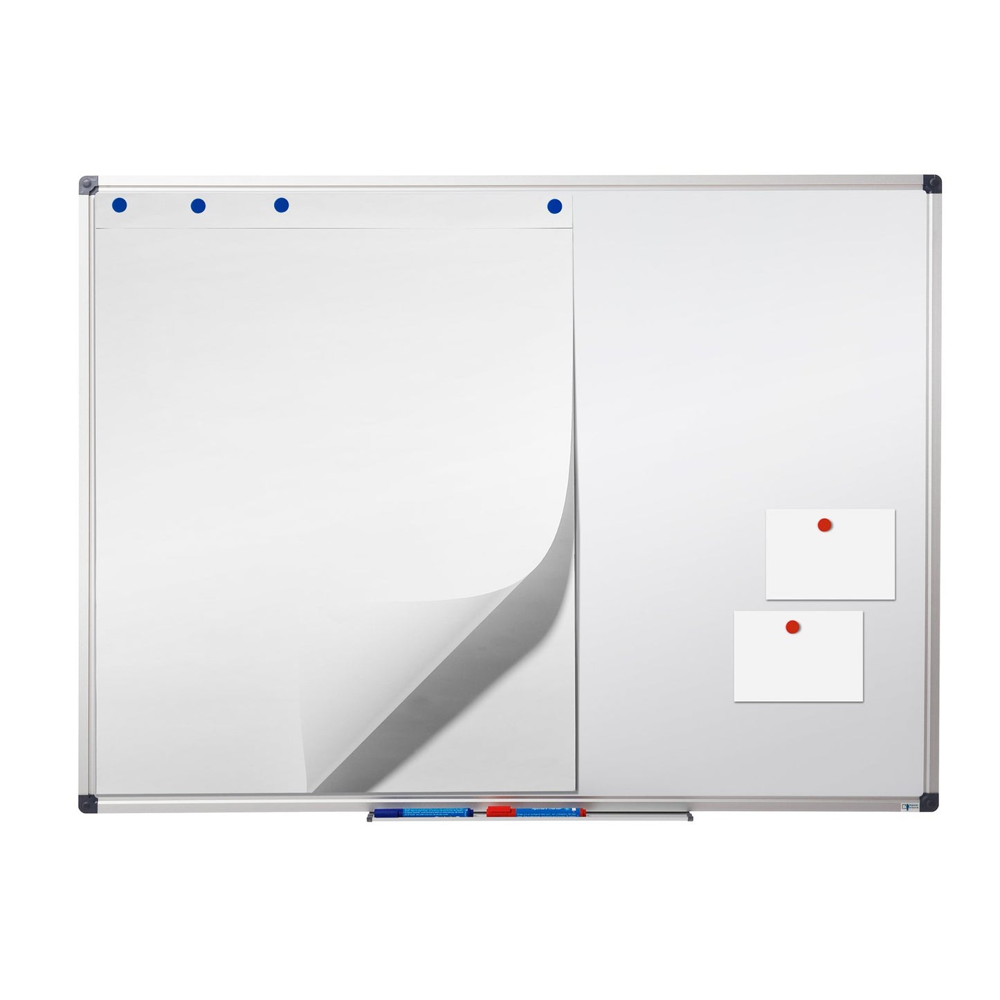 MOB Magnetic Whiteboard 60x45cm with aluminum frame and detachable pen tray for office, home, and school. Scratch-resistant and dry-wipe magnetic board in portrait & landscape orientation.