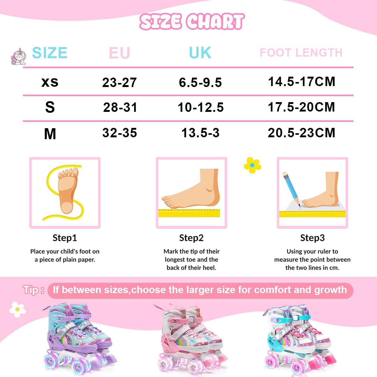 OLYSPM Kids Roller Skates Adjustable Ladies Roller Skates, LED Roller Skates and 4 Sizes Adjustable, Roller Skates with Storage Bag for Girls, Boys and Beginners (Pink)