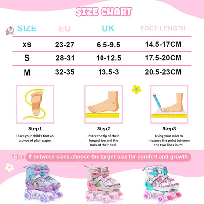 OLYSPM Kids Roller Skates Adjustable Ladies Roller Skates, LED Roller Skates and 4 Sizes Adjustable, Roller Skates with Storage Bag for Girls, Boys and Beginners (Pink)