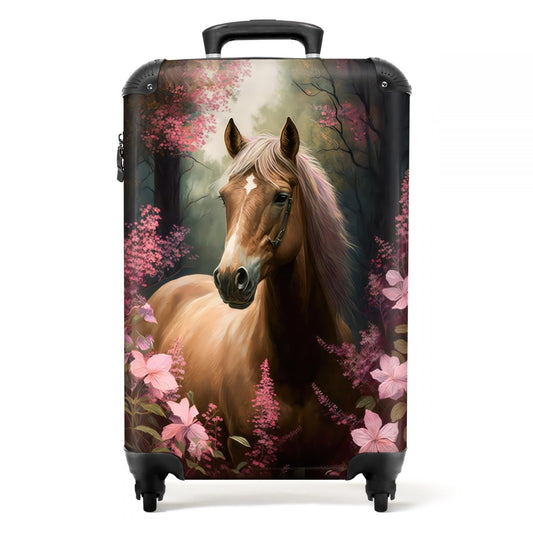 NoBoringSuitcases.com® Kids suitcase for girls travel luggage with wheels carry-on luggage horse - Pink flowers - Nature - Forest - 55x35x20cm