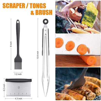 Careful Grill Spatula Set, Stainless Steel 9 Pcs Flat-Top Grill Tool Set, Professional BBQ Accessories Grill Turner with Brushes Bottles and Carry Bag, Ideal for Outdoor Grilling, Teppanyaki, and Camping