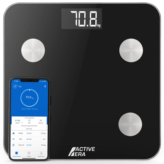 Active Era Body Fat Scale - Digital Bathroom Scale with App - Smart Bluetooth Scale for Body Analysis - Body Fat, BMI, Weight (max. 180 kg), Muscle Mass, Water, Protein, Bone Weight - Black