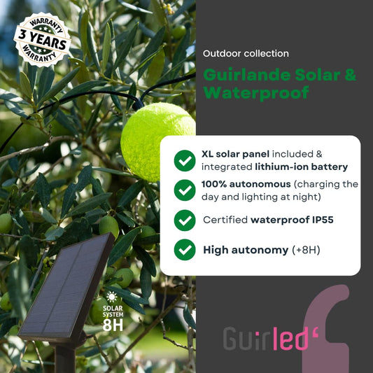 GuirLED - Outdoor garland with LED light balls Guinguette - Waterproof IP65 - High efficiency solar panel - Automatic ON/OFF - 16 balls 3m - Forest