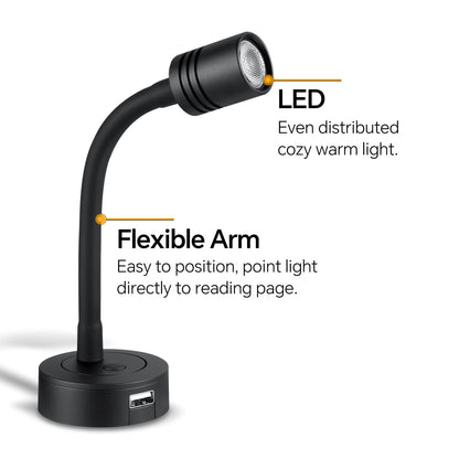 Beaming LED reading lamp 12V dimmable camper flexible gooseneck USB port, wall lamp bedside 2 pieces DC 12V-24V spot for boat RV interior lighting yacht, hardwired wall mount