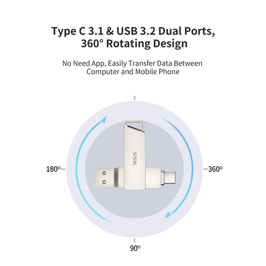 SSK USB C-Disk 128GB storage up to 200 MB/s dual drive Type C + USB 3.2 jump flash drive compatible with Thunderbolt 3 for Android phone, MacBook/Pro/Air and more.