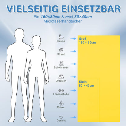 Fosdaling Microfiber Towel 3 Piece Set (Large 160×80cm and 2 Small 80×40cm), Quick-drying Microfiber Fitness & Sport Towels, for Beach, Bath, Gym and Travel (Yellow)
