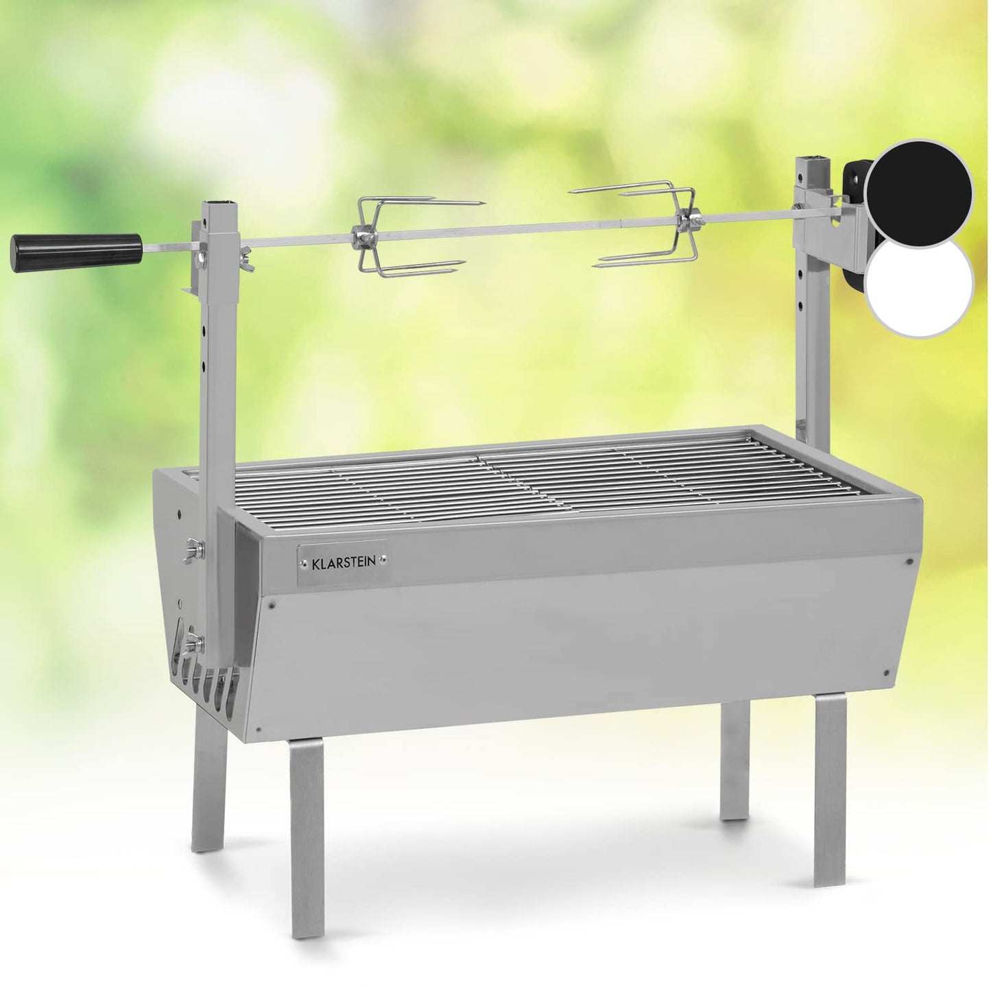 Klarstein 2-in-1 Rotisserie Grill with motor, mini, with rotating spit, electric spit grill for chicken & suckling pig, spit grill with stainless steel grate, charcoal grill with wheels.