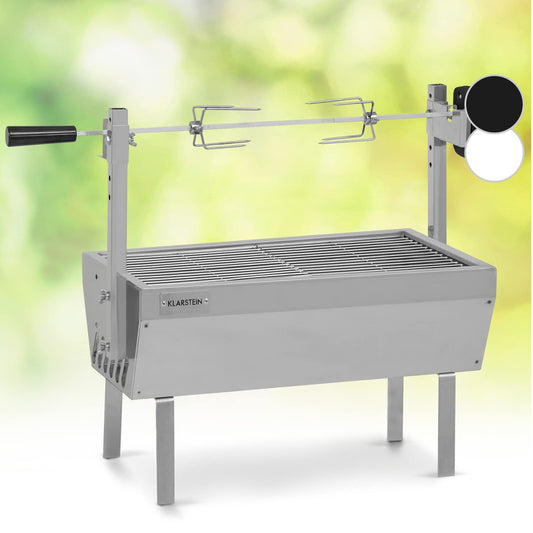 Klarstein 2-in-1 Rotisserie Grill with motor, mini, with rotating spit, electric spit grill for chicken & suckling pig, spit grill with stainless steel grate, charcoal grill with wheels.