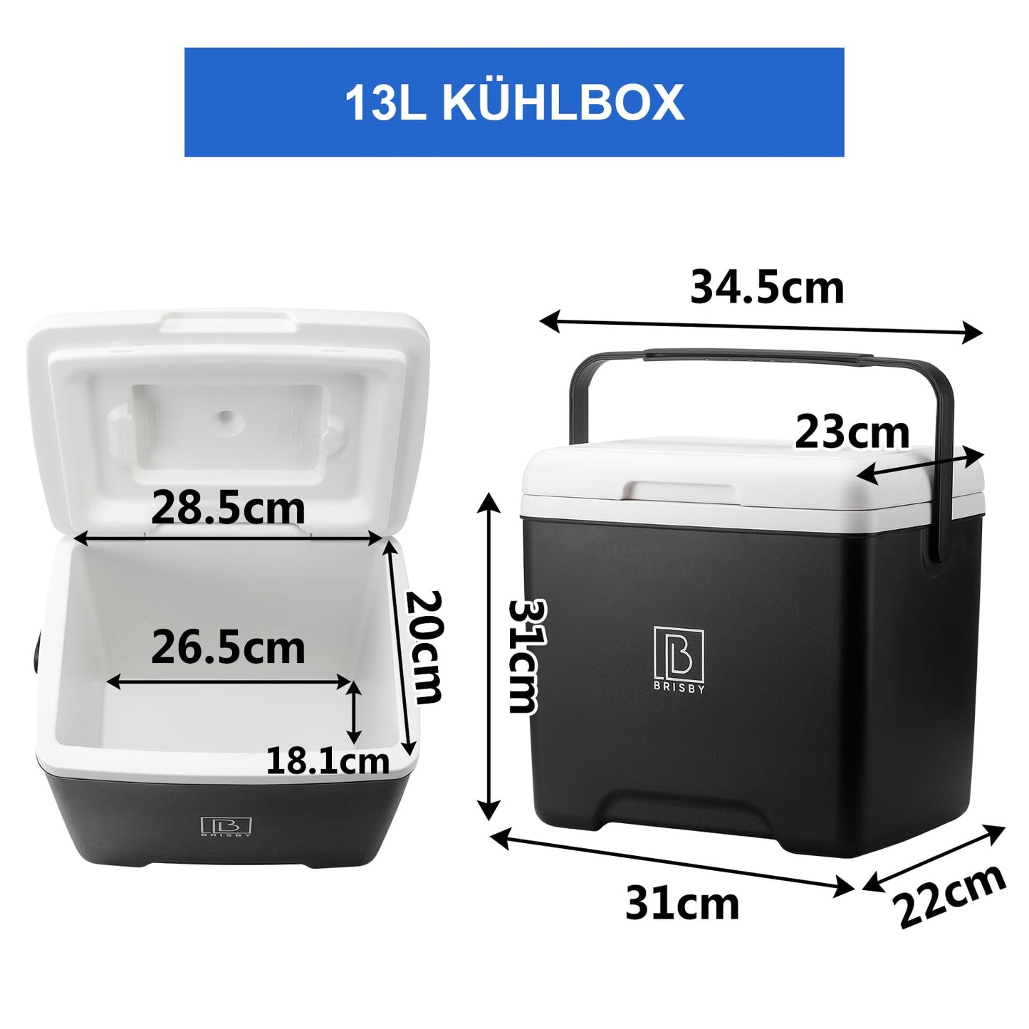 Brisby Cooler Box 13 liters - keeps warm for 18 hours - stays cool for 40 hours - includes 2 large cooling elements 450 ML - Cooler bag for work, camping, grilling, or vacation - BPA-free
