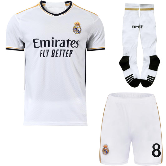 PraiseLight R. Madrid Toni Kroos #8 Home Kids Jersey 2023/2024 Soccer Shorts Socks Set Youth Sizes (White, 26)