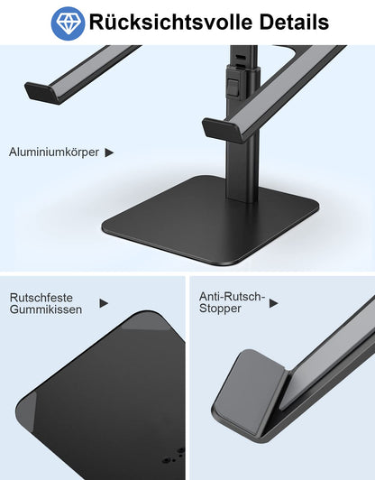 Babacom laptop stand, 8 adjustable heights aluminum cooling pads laptop stand, ergonomic ventilated laptop stand compatible with MacBook, Air, Pro, all 10"-16" notebooks - black