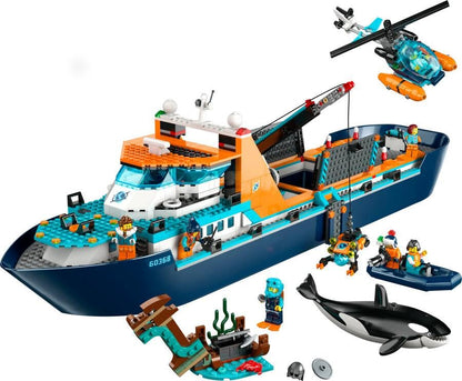 LEGO City Arctic Research Vessel, large floating toy boat with helicopter, dinghy, ROV submarine, Viking shipwreck, 7 minifigures & orca figure, gift for kids aged 7 and up 60368