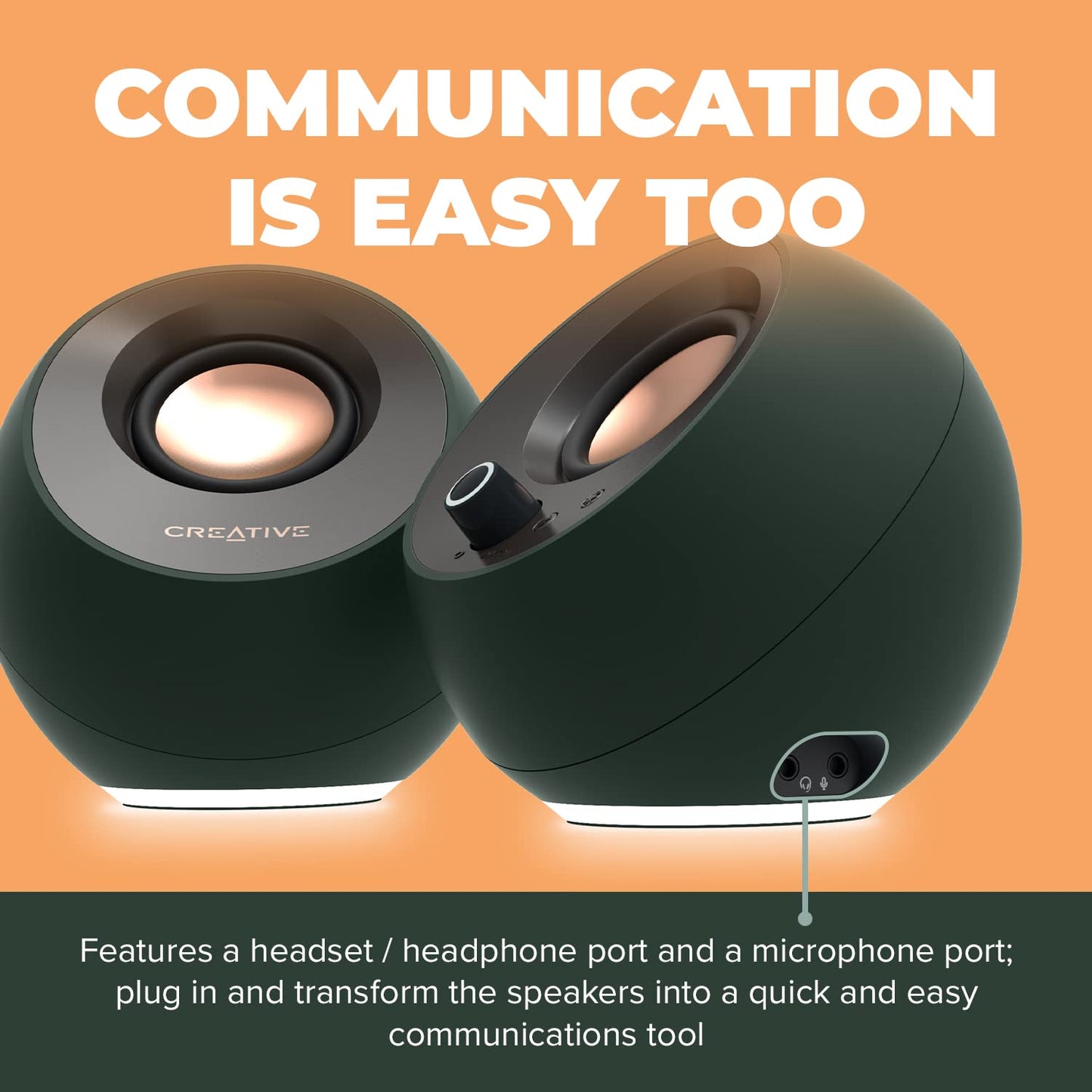 CREATIVE Pebble Pro 2.0 USB-C PC speakers with Bluetooth 5.3 and customizable RGB lighting, USB audio, and headphone/microphone jack.