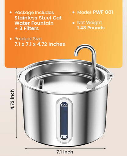 oneisall Cat Fountain Stainless Steel, 2L Drinking Fountain for Cat, Super Quiet Cat Drinking Fountain with Water Level Window, Water Fountain for Cat, 3 Activated Carbon Filters, LED Light, Dishwasher Safe
