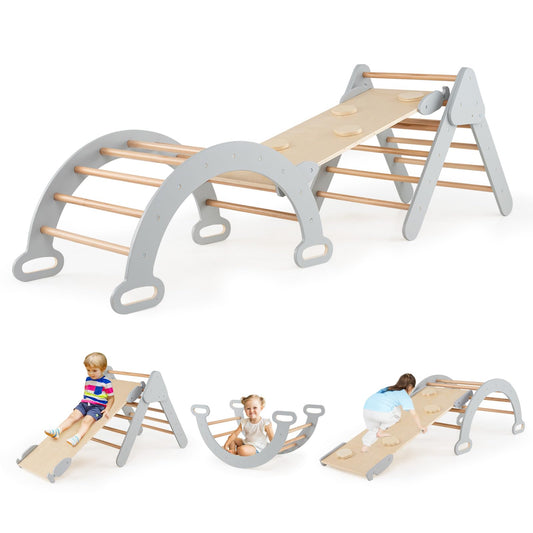 COSTWAY Climbing Triangle with Slide, Climbing Arch, including double-sided ramp, for climbing, sliding and rocking, 4 in 1 climbing frame indoor from 1 year old (Gray)