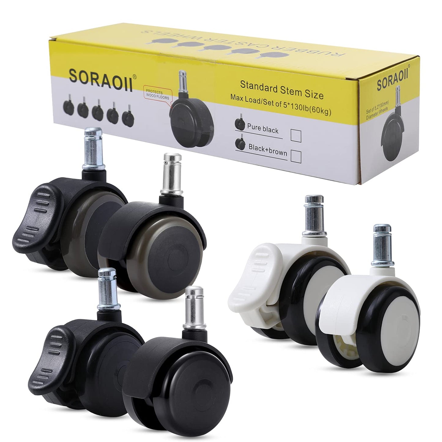 Office chair casters with brakes 11mm hard floor castors for office chairs 5-piece set replacement casters desk chair castors, rubber castors for carpet and parquet floors and tiles, office chair castors 50mm up to 250kg