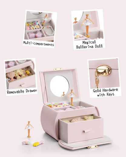 Vlando music box jewelry box for girls with drawers, girl gifts 7 8 years, jewelry storage for kids, ballerina leather jewelry box with canon melody, lockable.