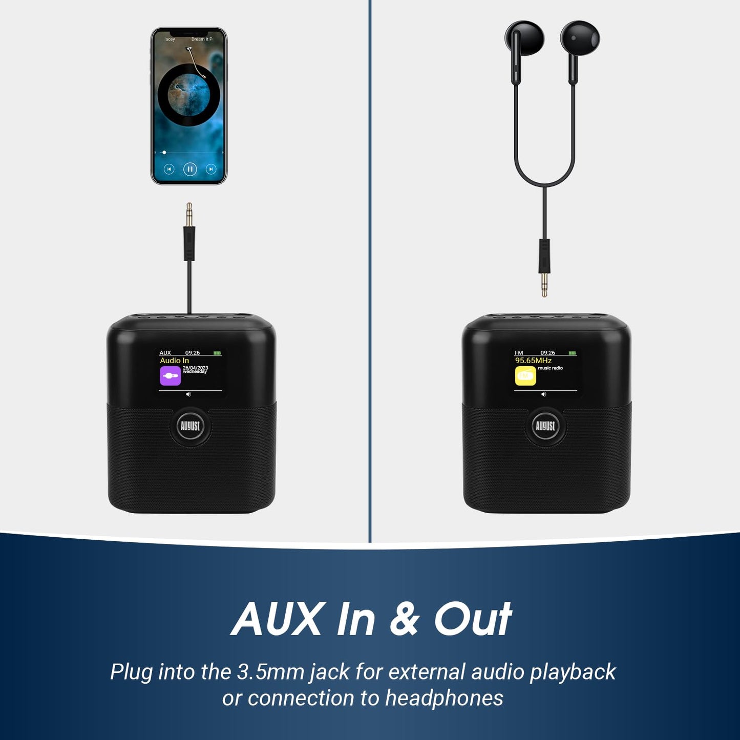 August MB330 Rechargeable DAB+/FM Radio with Bluetooth Speaker - portable clock radio with dual alarm, sleep timer, snooze, LCD color display, EQ, RDS, 60 presets. Digital radio with battery AUX-In/Out.