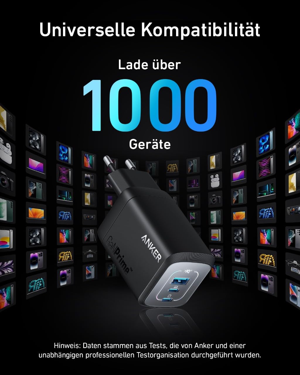100W USB-C charger, Anker Prime GaN power adapter, 3-port PPS fast charger, compact foldable design, compatible with MacBook Pro/Air, Pixelbook, iPad Pro, iPhone 15/Pro, Galaxy S23, Note20, and more.