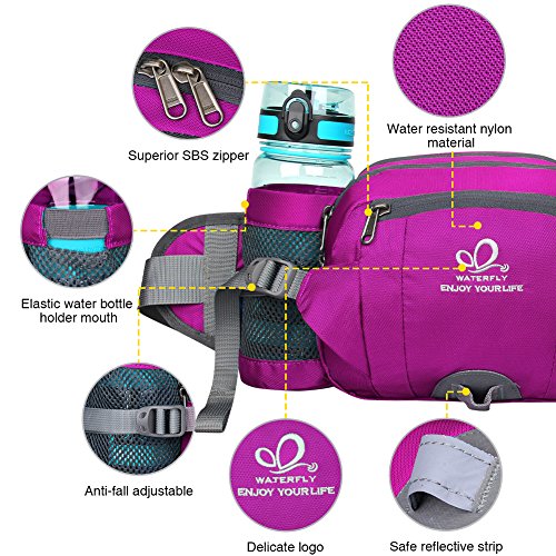 Waterfly waist pack with bottle holder, for hiking, camping, climbing, biking, or running, pink