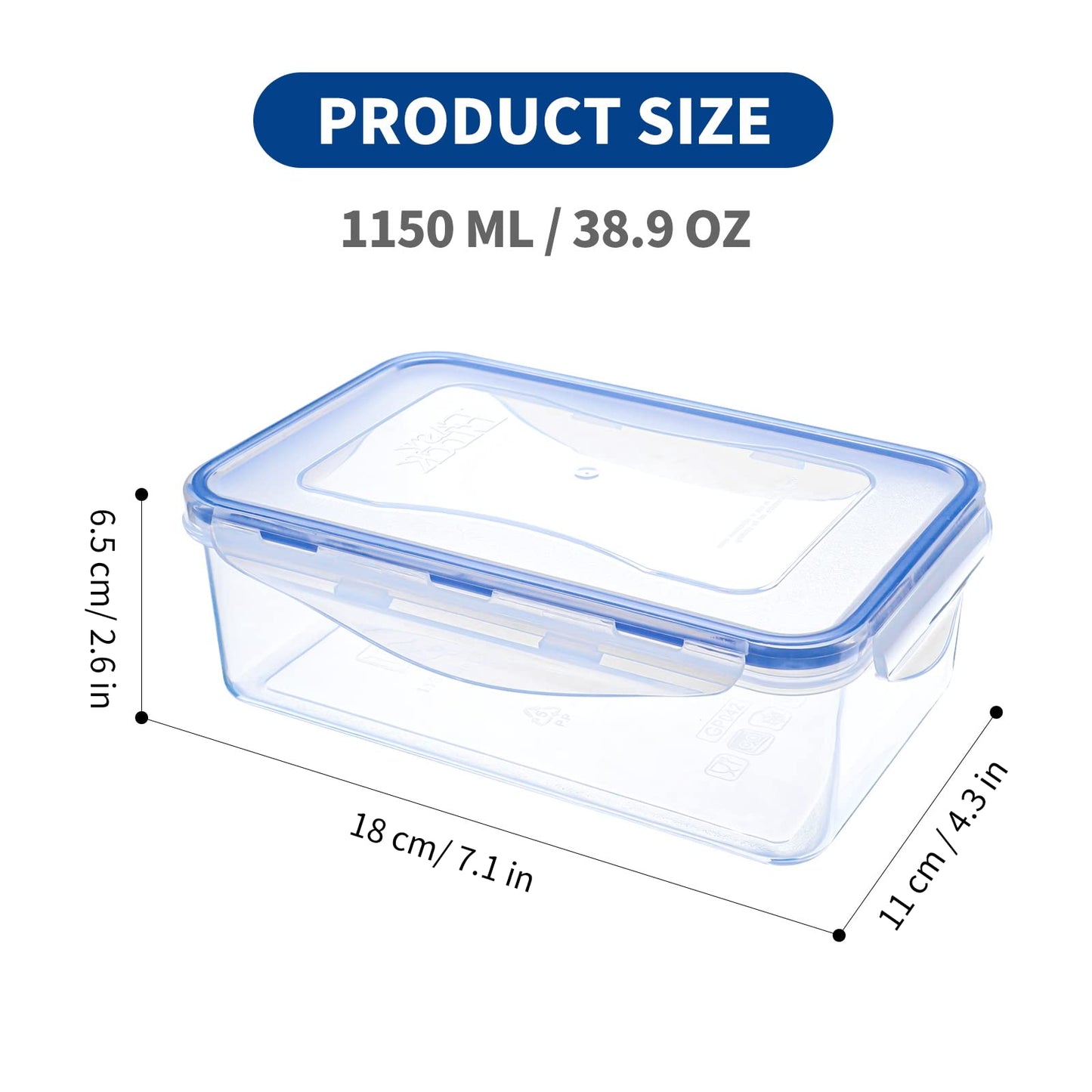 EASYLOCK 6PACK 1150ML plastic food containers set with lids, meal prep boxes, kitchen storage containers, microwave-safe food storage, rectangular freezer containers, airtight sandwich boxes.