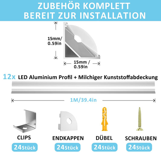 LED Aluminum Profile 12 × 1M, V-Shaped LED Profile for LED Strips, LED Channels with White Milky Cover, End Caps, and Mounting Materials (LED Strips/Band up to 10 mm incl)
