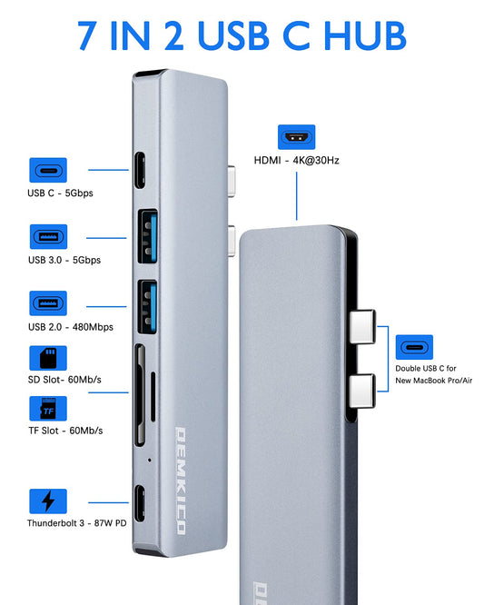 7 IN 2 USB C Hub for MacBook Pro MacBook Air, DEMKICO USB C Dock, MacBook Pro Adapter with 4K HDMI, USB 3.0 & USB 2.0 ports, SD/TF card reader, Thunderbolt 3 (87W PD), and USB C Female Port.
