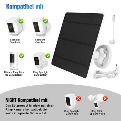 Solar panel for Ring camera, 5W camera solar panel compatible with Ring Stick Up Cam battery & Spotlight Cam battery, includes barrel plug, IP65 waterproof, 3m cable, 360° adjustable bracket (2 pack)