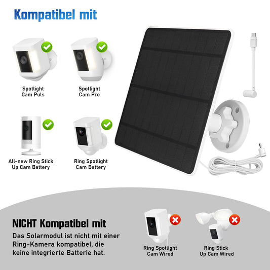 Solar panel for Ring camera, 5W camera solar panel compatible with Ring Stick Up Cam battery & Spotlight Cam battery, includes barrel plug, IP65 waterproof, 3m cable, 360° adjustable bracket (2 pack)
