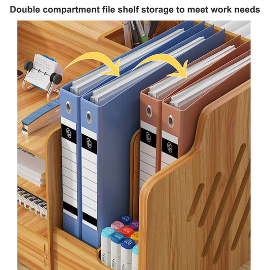 NUODWELL Wooden Desk Organizer, large capacity, Desk File Organizer, office supplies, file shelf for A4 papers, pens, books, letters, and documents (JB07-3 Cherry Wood)