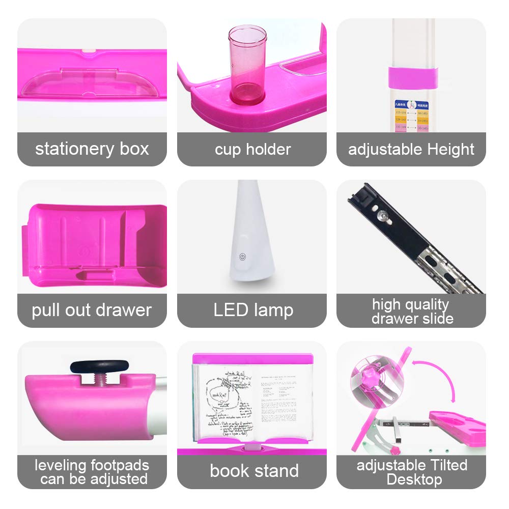 Yinleader Kids Desk Chair Set, Adjustable Multifunctional Desk and Chair, ergonomic Pink Student Desk with Lamp and Bookstand Best Desk (Pink)
