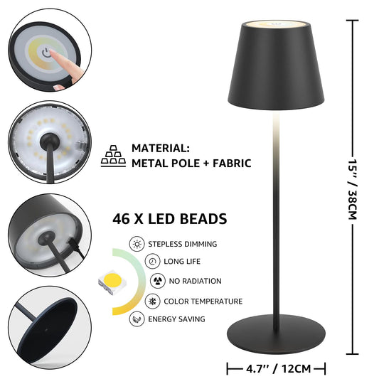 uuffoo Cordless Outdoor Table Lamp with 4000mAh LED Battery Touch Dimmable Warm White IP54 Waterproof Metal Table Lamp for Restaurant, Garden, and Bar (Black)