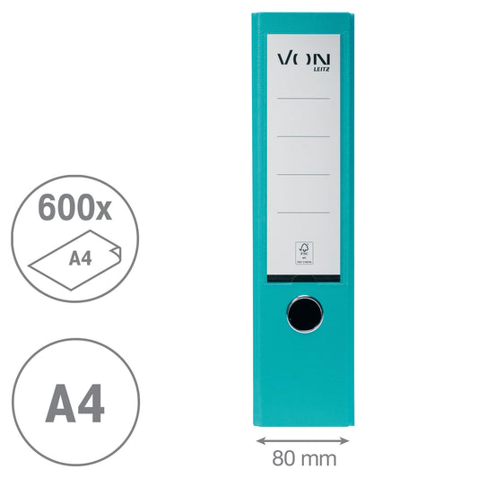 From Leitz: A4 Lever Arch File, 10 pack, Cardboard with Plastic Cover, 80mm Spine Width, Holds 600 Sheets, Blue Angel & FSC Certified, for School, College & Home Use, Turquoise, 10550052.