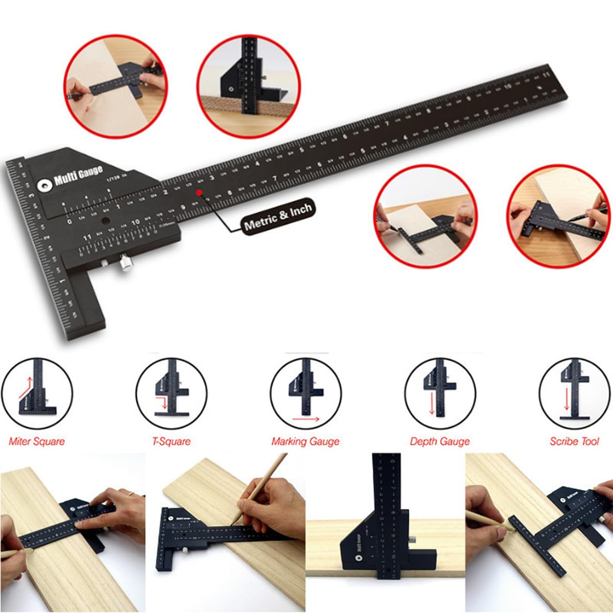 Precise T-shaped ruler, multifunctional aluminum alloy ruler, black measuring ruler for woodworking, construction rulers.