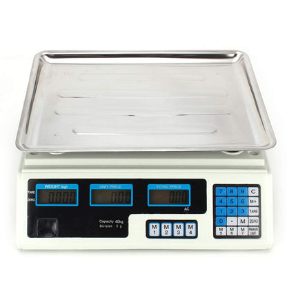 Price Computing Scale (40 kg / 5 g) Stainless Steel Scale with LCD Display Battery Water level function Battery operated Digital - Price Scale Package Scale Kitchen Scale Digital Scale - Color WHITE