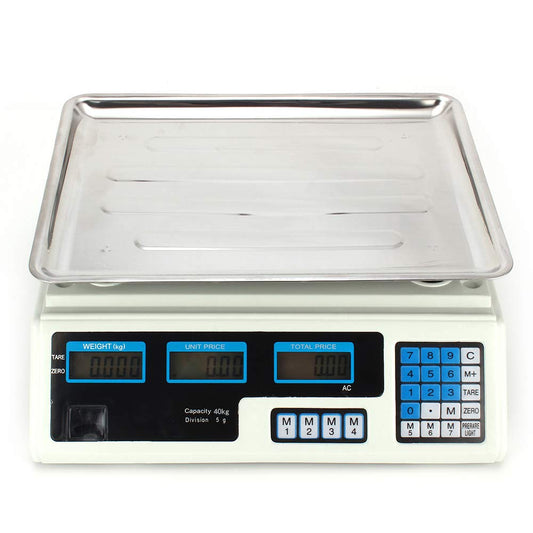Price Computing Scale (40 kg / 5 g) Stainless Steel Scale with LCD Display Battery Water level function Battery operated Digital - Price Scale Package Scale Kitchen Scale Digital Scale - Color WHITE