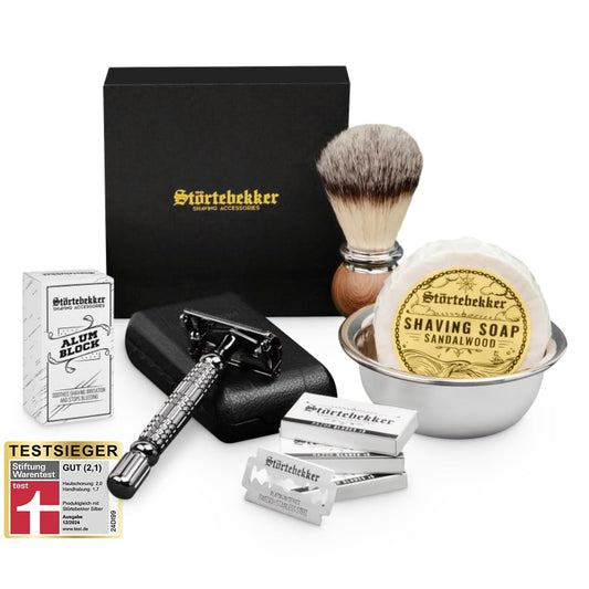 Störtebekker® Premium safety razor set for men in handcrafted leather case - shaving kit with shaving brush, stainless steel shaving bowl, shaving soap, alum stone, and razor blades - men's beard care set