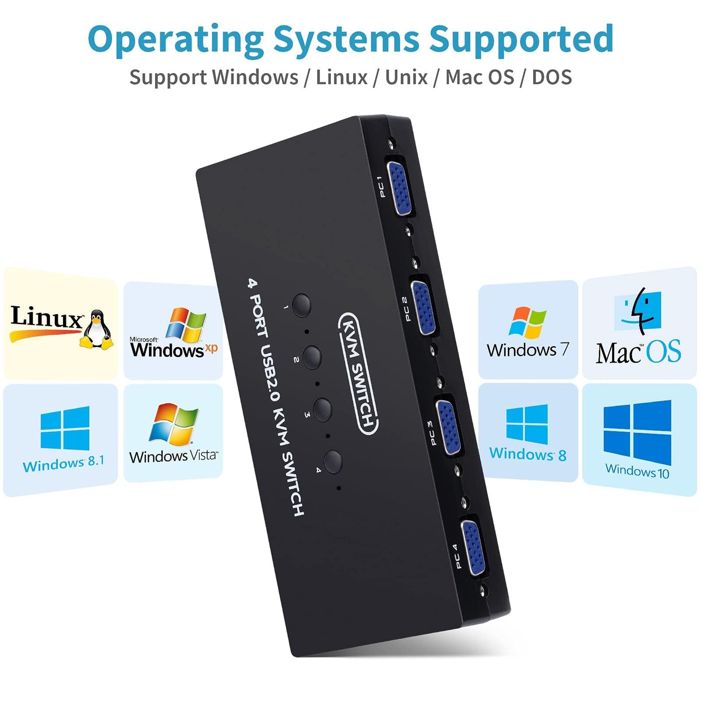 VGA KVM Switch with 4 KVM cables, 4-port switch for sharing 4 PCs with 1 video monitor, keyboard, mouse, printer, scanner.