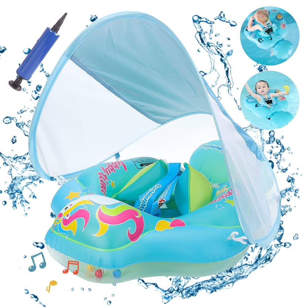 Baby swim ring with removable sun canopy, adjustable shoulder straps for sun protection. Inflatable swim ring for babies, swim trainer float for ages 3-36 months.