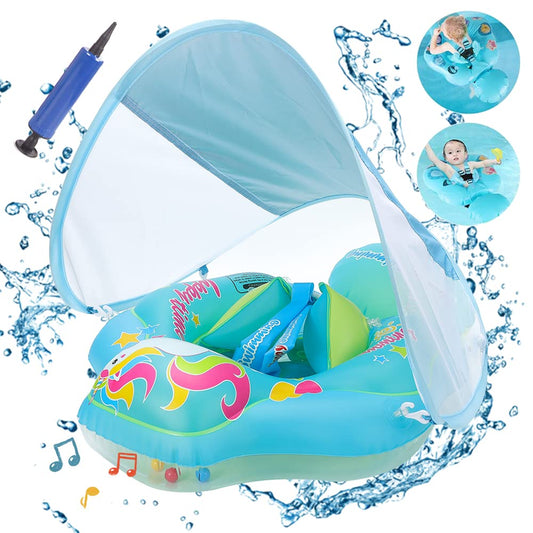 Baby swim ring with removable sun canopy, adjustable shoulder straps for sun protection. Inflatable swim ring for babies, swim trainer float for ages 3-36 months.