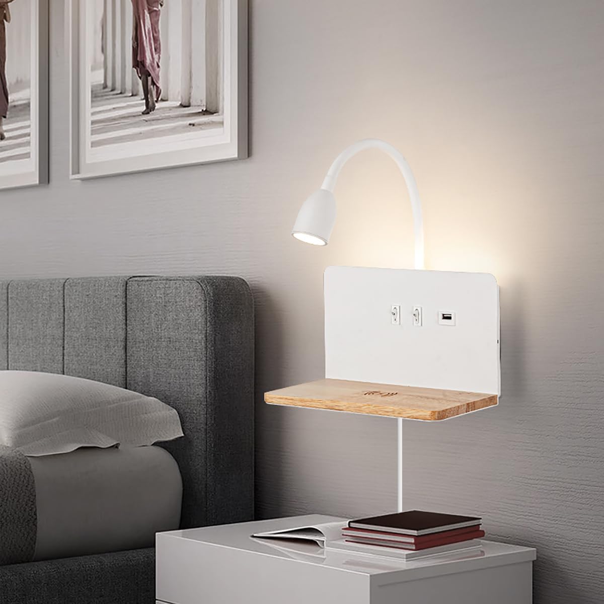 White LED indoor wall light with plug, bedroom wall lamp with USB ports and 10W wireless charger, adjustable and flexible swan-neck reading lamp, 3000K bedside lamp with backlight.