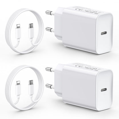 2-Pack charging cables for iPhone 14/14 Plus/14 Pro/14 Pro Max/13/12/11/SE/X/XR/8/7. 30W USB C fast charger with 2M cable, plug adapter, and charger plug.